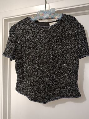 Vintage Papell Boutique Evening Beaded Silk Top XL Black 90s Formal Cocktail